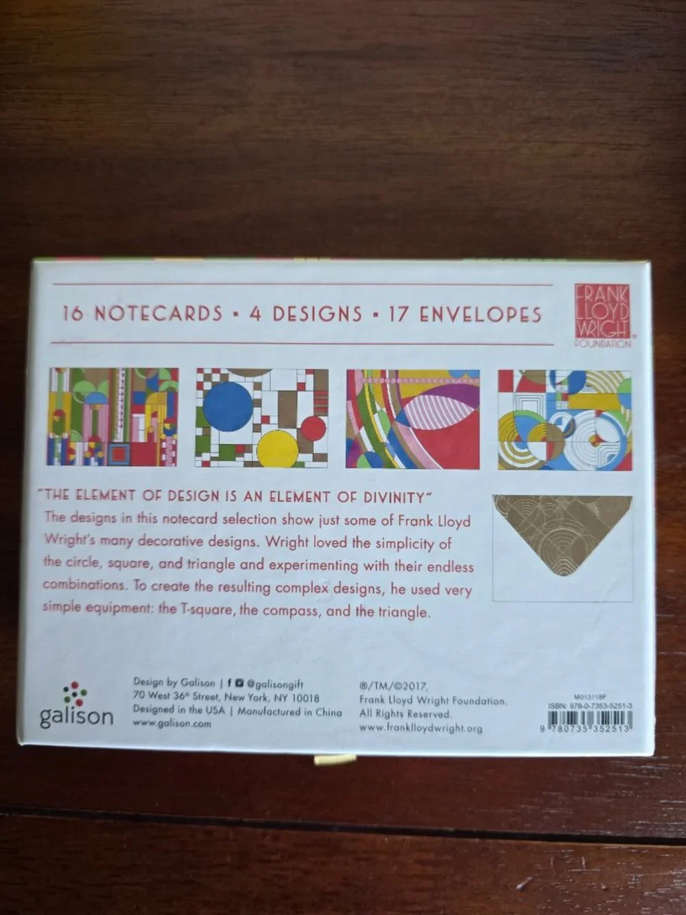 Frank Lloyd Wright 16 Notecards Boxed Set 4 Designs Assortment Galison 5 x 3.75